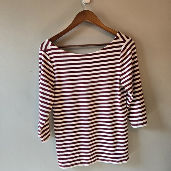 GAP Maroon and White Striped 3/4 Length Sleeve Top - Picture 2 of 5